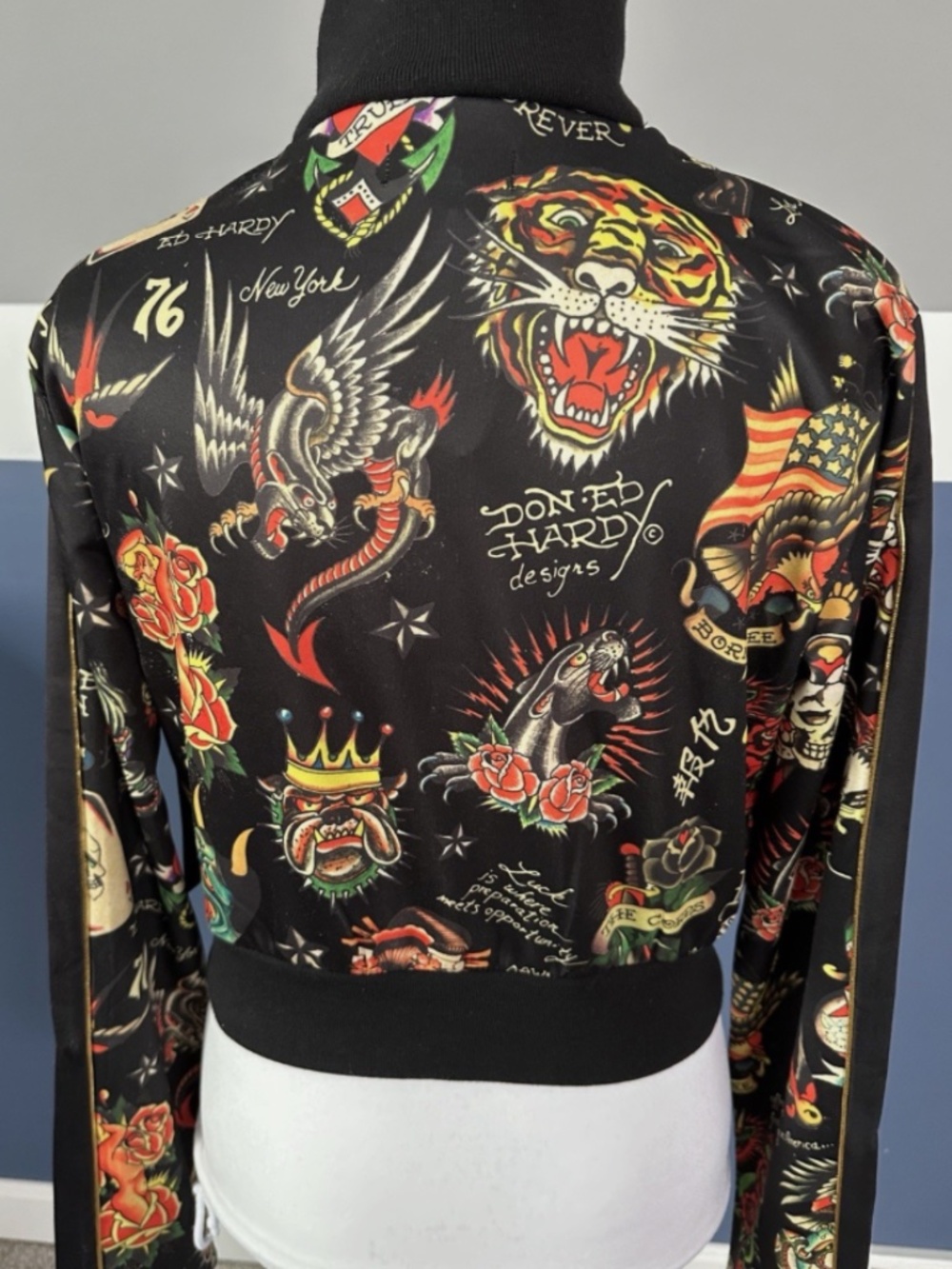 NEW! NWT ED HARDY Y2K Shrunken Flashboard Track Jacket Tattoo Black SIZE MEDIUM - Picture 5 of 9